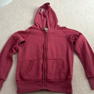 Love Express red zip-up hoodie.